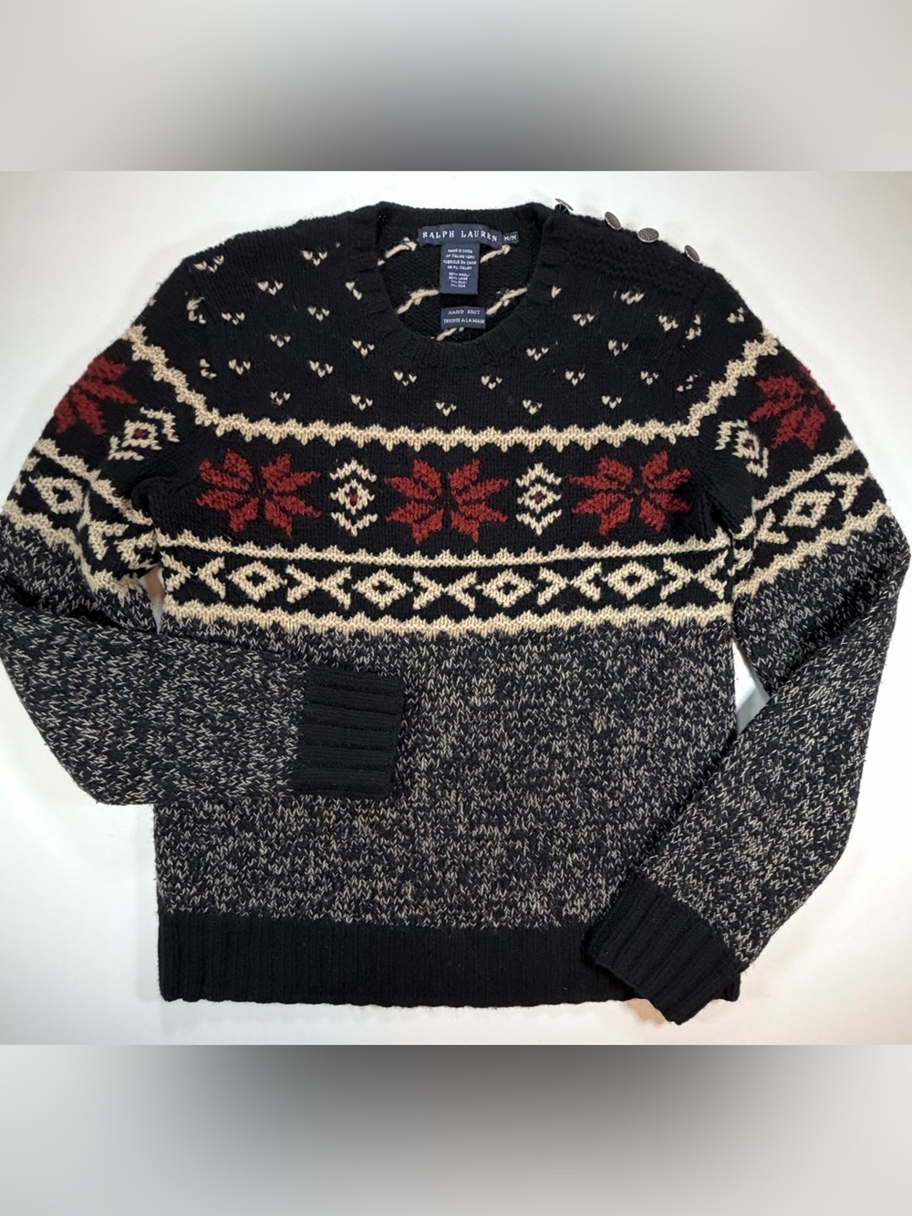 Ralph Lauren Sweater Hand Knit Snowflake Fair Isle Holiday Wool Silk Black Sz M - Picture 2 of 12